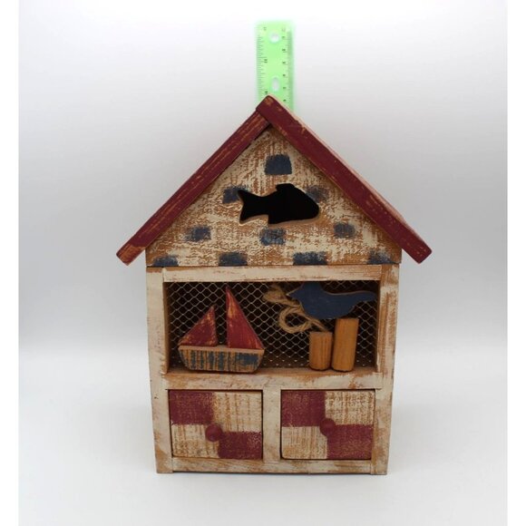 Recipe Box Wooden House Shabby Chic Beach Drawers Open Hinged Vintage 9.75 Inch - Picture 3 of 16